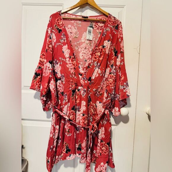 Torrid White and Pink Wrap Midi Dress with Flutter Sleeves - Picture 1 of 13